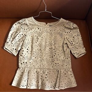 Ralph Lauren Lamb Leather Eyelet Peplum Top Beige